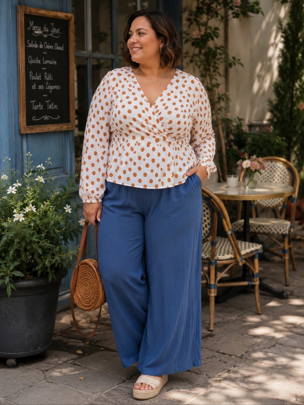 Cleo NEW Plus Size XXL: Brown Polka Dot Peplum Casual Long Sleeve Blouse